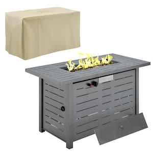 Black Metal Propane Gas Fire Pit Table with Protective Cover, Lid and Red Lava Rocks
