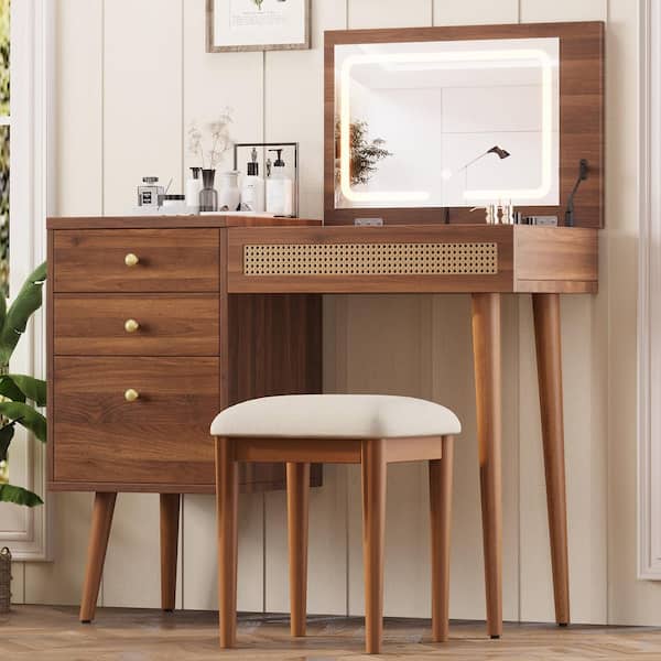 2-Piece Walnut Makeup Vanity Set with Mirror, LED Lights and Stools, Vantiy Desk with Storage 3 Drawers, 10 Compartments