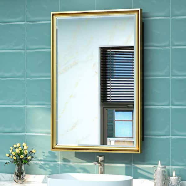 KeonJinn 17 in. W x 25 in. H Rectangular Aluminum Alloy Gold Framed Recessed/Surface Mount Medicine Cabinet with Mirror