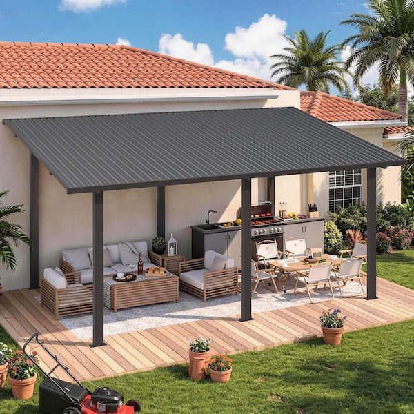 16 ft. x 10 ft. Outdoor Pergola Hardtop Gazebo, Wall-Mounted Heavy Duty Lean to Metal Patio Cover