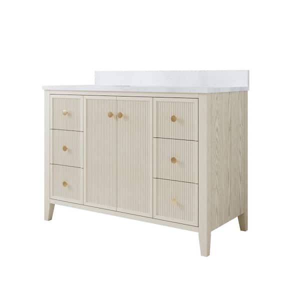 ANITA 48 in. Ash Freestanding Bath Vanity with White Quartz Top, 4 in. Backsplash/BLUM Hinge/DTC Slider, Fully Assembled