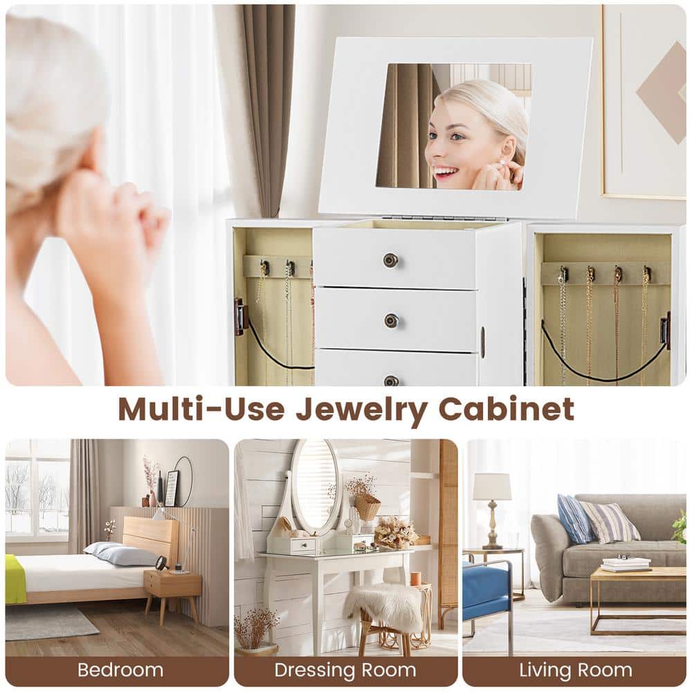 White Wall Mounted Jewelry Armoire with Mirror and Drawers
