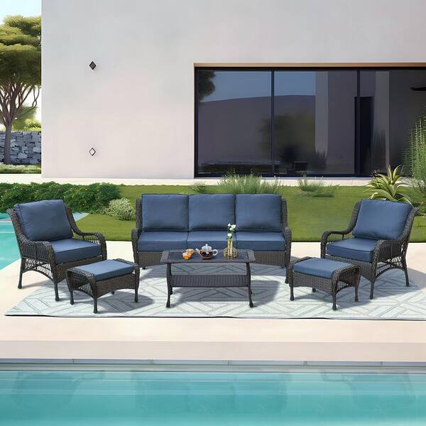 ART TO REAL 6 Pcs Wicker Patio Furniture Set Outdoor Conversation Set w/ 3-Seater Sofa,2 Chairs,2 Ottomans,1 Glass Top Coffee Table