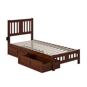 Tahoe Walnut Twin Extra Long Solid Wood Storage Platform Bed with Footboard and 2 Drawers