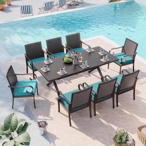 9-Piece Metal Outdoor Dining Set with Rattan Woven Backrest, an Umbrella Hole and Blue Cushion