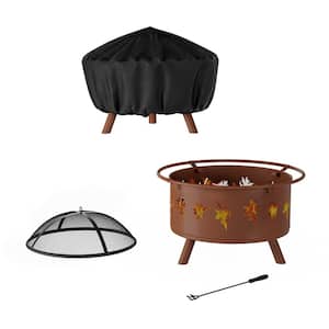 32 in. W x 25 in. H Round Steel Wood Burning Outdoor Deep Fire Pit in Rugged Rust with Leaf Cutouts