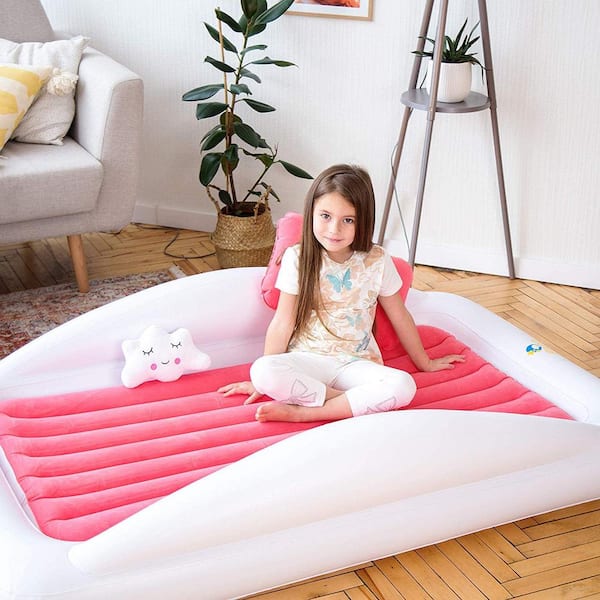 Single Flocked Inflatable Childs Air Bed Blow Up Pink Girls Kids Safe Bumper 