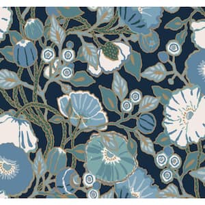 Vincent Poppies Indigo Multi-Colored Metallic Pre-pasted Paper Wallpaper 60.75 sq. ft