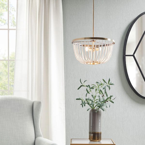 Modern 2-Light Antique Brass and White Beaded Modern Dish-Shaped Chandelier for Dining Room (No Bulb Included)