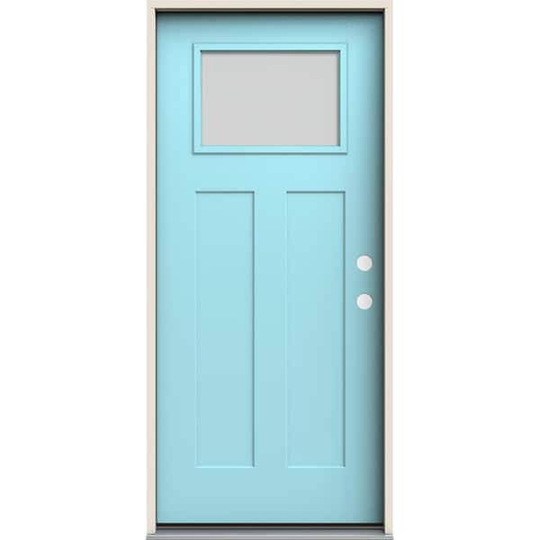 JELD-WEN 36 in. x 80 in. Left-Hand 1/4 Lite Craftsman Blanca Frosted Glass Caribbean Blue Fiberglass Prehung Front Door