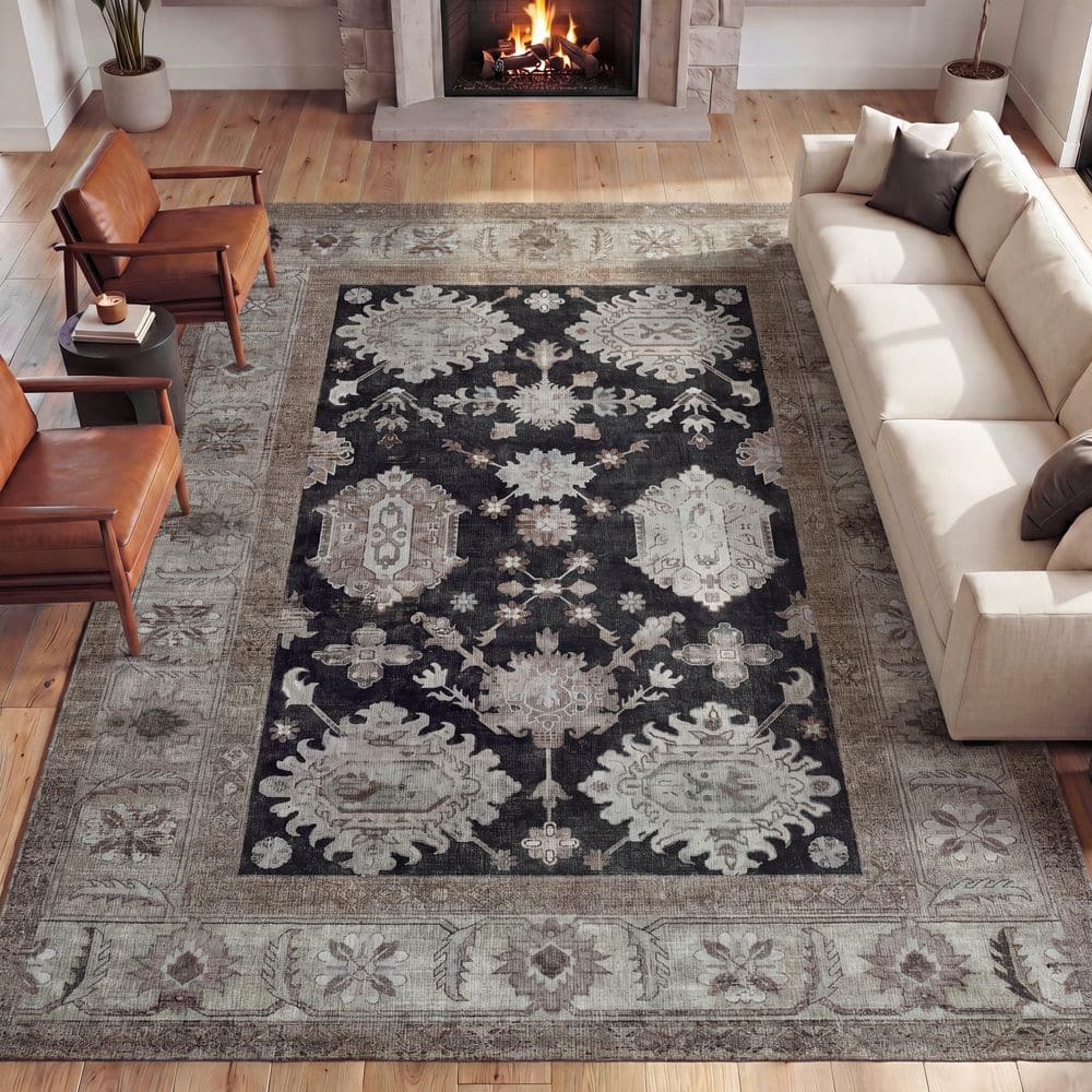 Kisara Oushak Style Distressed Border Non-Slip Machine-Washable Charcoal/Beige 5 ft. x 8 ft. Area Rug price history on PriceWatchPro