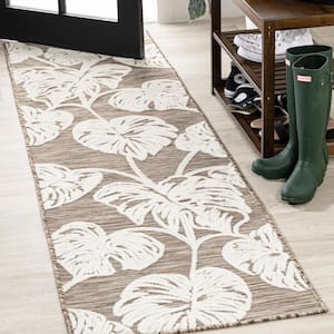Tobago High-Low Two-Tone Monstera Leaf Brown/Ivory 2 ft. x 8 ft. Indoor/Outdoor Area Rug