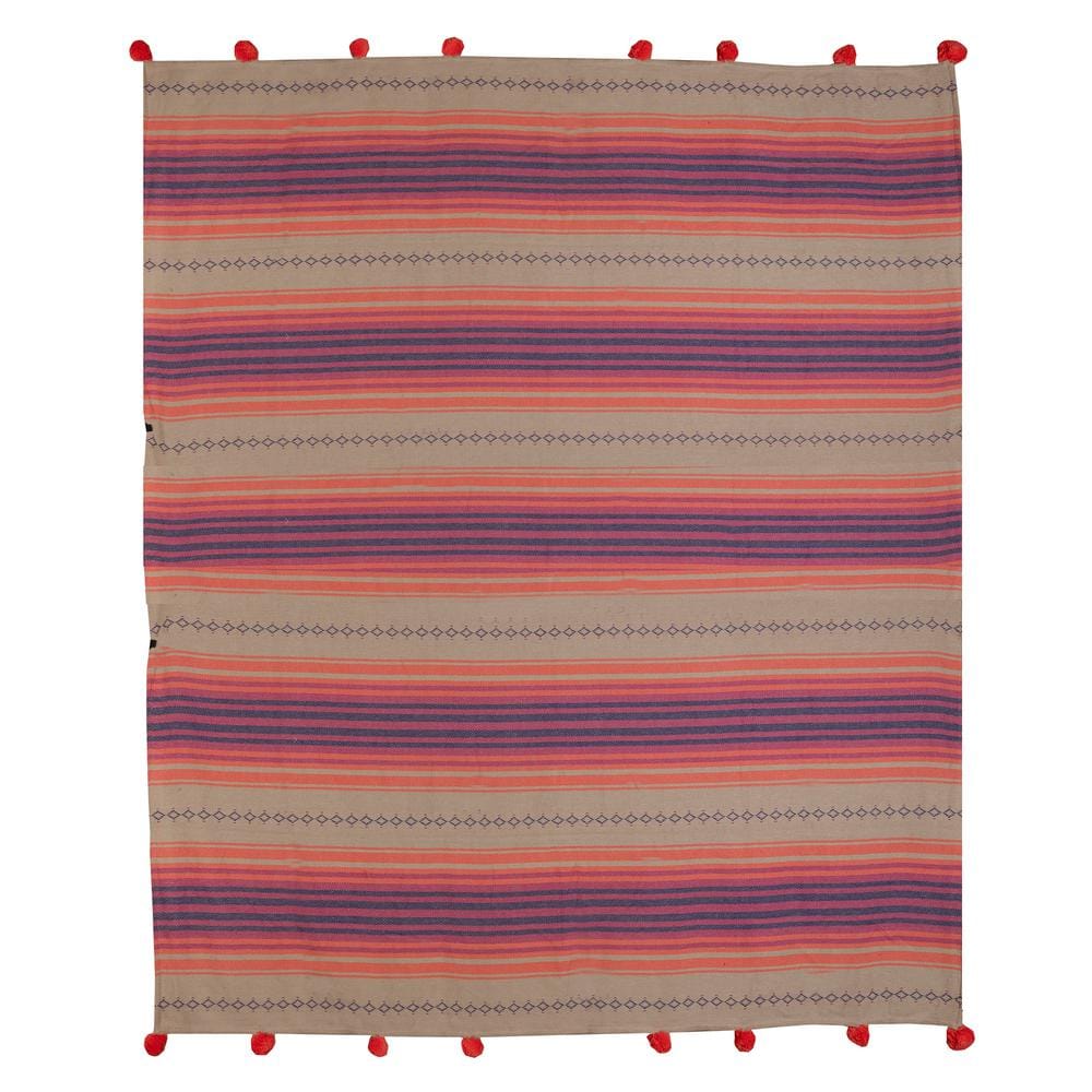 Multicolored Cotton Blend Geometric Pom Pom Throw Blanket