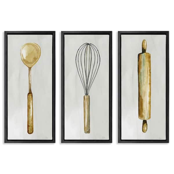 Stupell Industries Traditional Kitchen Utensils by Nan 3 Pieces Black Floater Frame Food Graphic Art Print 31 in. x 15 in.