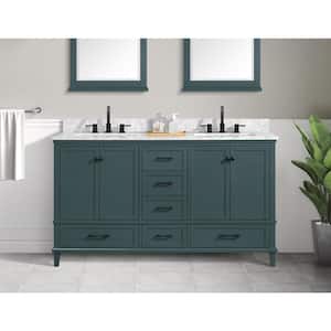 Merryfield 61 in. Double Sink Freestanding Antigua Green Bath Vanity with White Carrara Marble Top (Assembled)