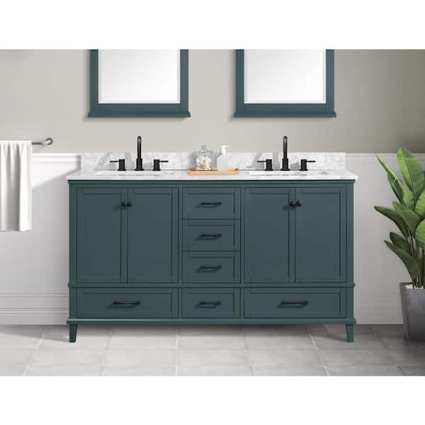 Home Decorators Collection Merryfield 61 in. Double Sink Freestanding Antigua Green Bath Vanity with White Carrara Marble Top (Assembled)