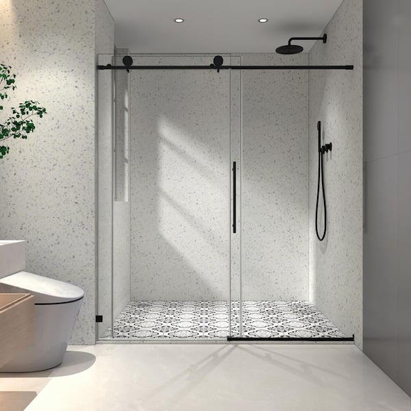 60 in. W x 76 in. H Sliding Frameless Shower Door in Matte Black Finish with Clear Glass