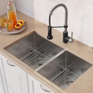 Standart PRO 33 in. Undermount Double Bowl 16 Gauge Stainless Steel Kitchen Sink w/Faucet in Stainless Steel Matte Black