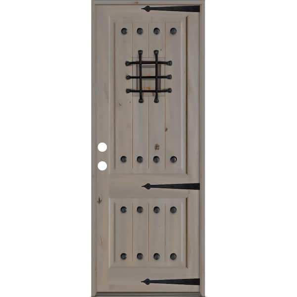 Krosswood Doors 48 in. x 96 in. Mediterranean Knotty Alder Right-Hand/Inswing Glass Speakeasy Grey Stain Solid Wood Prehung Front Door