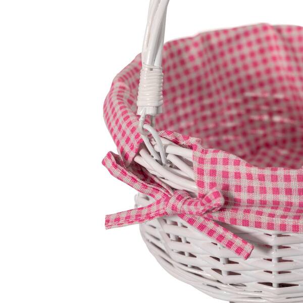 WICKERWISE Traditional White Round Willow Gift Basket with Pink