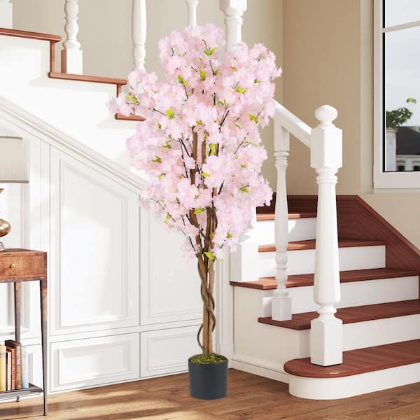Gymax 2PCS Pink 59 in. Tall Artificial Cherry Blossom Tree Faux