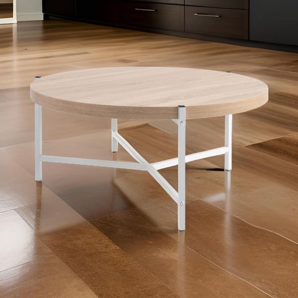 Benjara Custom Series 36.5 in. White and Brown Round Wood Coffee Table with Sturdy Metal Frame