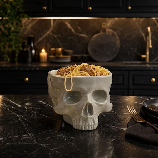 Wudkey 5 in. 17 fl. oz. White Ceramic Skull Shaped Bowl, Gothic