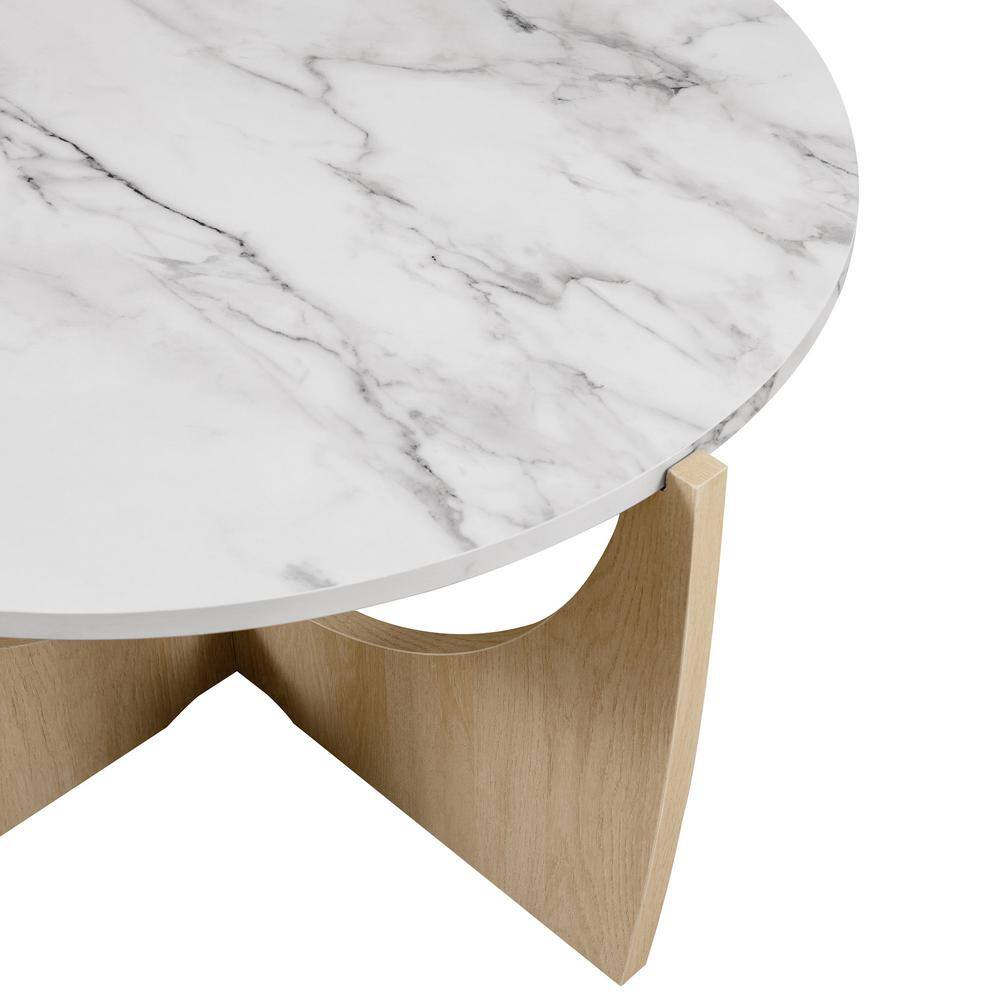 Calacatta Marble and Coastal Oak Round Coffee Table, 35 Inch