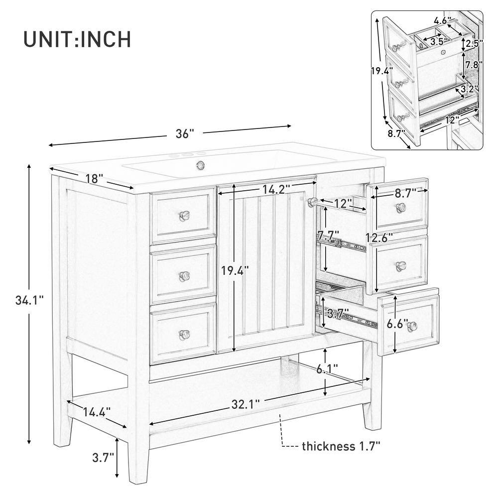 36" White MDF and Ceramic Single Sink Bathroom Vanity with Drawers