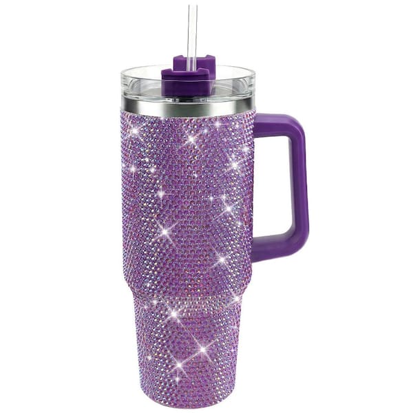 40 oz. Purple Bling Rhinestone Stainless Steel Tumbler with Handle and Straw, BPA-Free Lid, Keeps Cold 12h Hot 6h