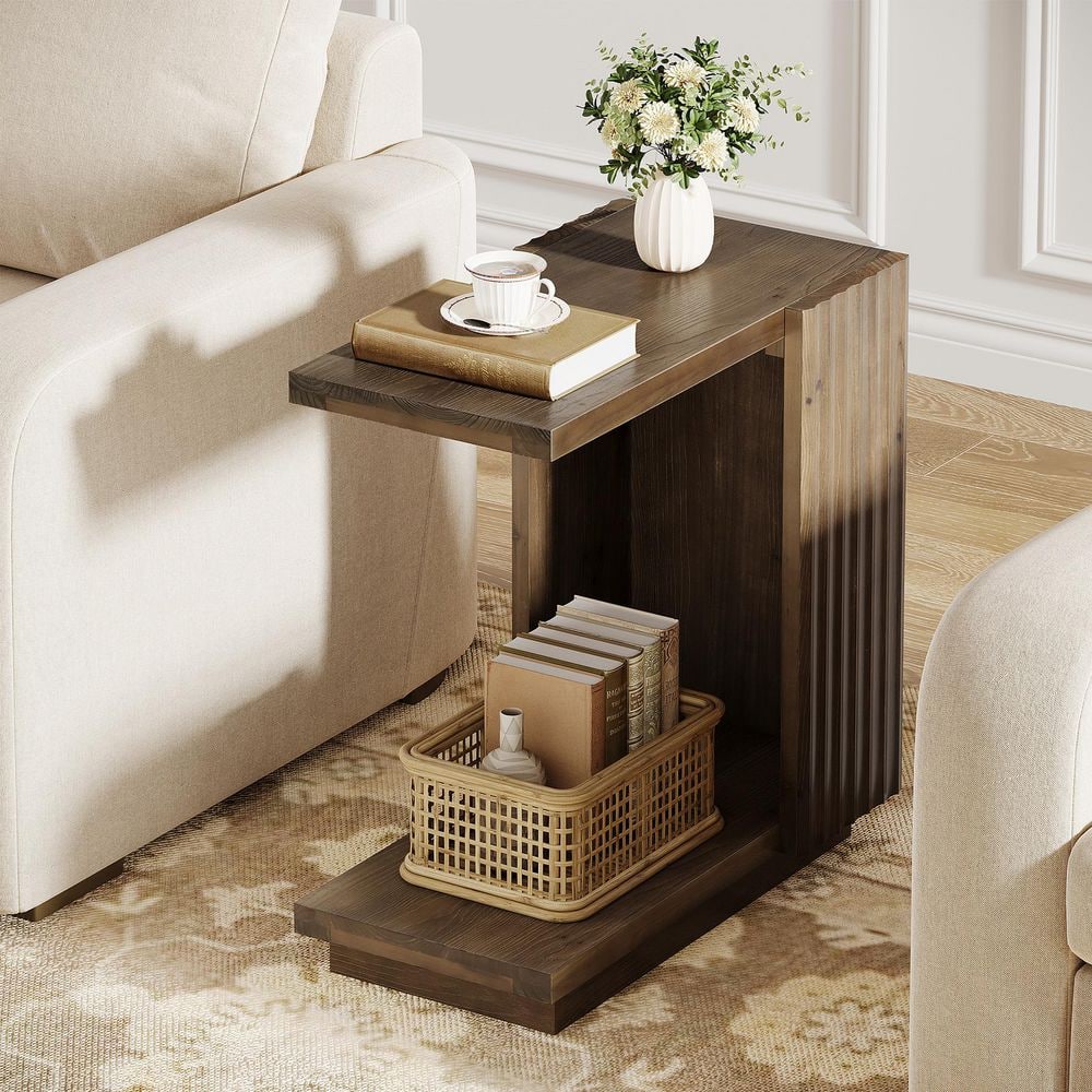 Kerlin 23.62 in. Vintage Brown C Shaped Solid Wood End Table with Fluted Panels and Sturdy Base