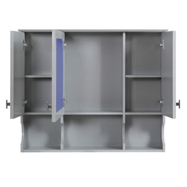 Classic 7.3 in. W x 35 in. D x 28.7 in. H Bathroom Storage Wall Cabinet in Gray with Open Shelves and Mirror