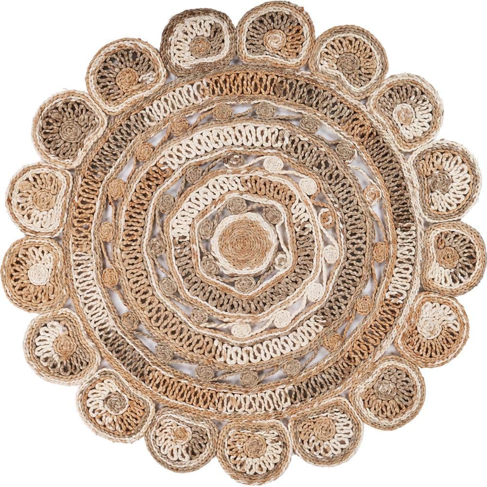 Erin Beige 4 ft. Scallop Boutique Medallion Flower Organic Jute Area Rug