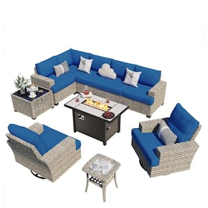 Torino 10-Piece Wicker Outdoor Patio Conversation Sofa Sectional Chairs Set with Metal Fire Pit and Navy Blue Cushions