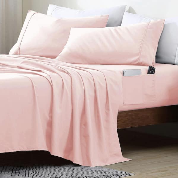 Queen Size Microfiber Sheet Set with 8 in. Double Storage Side Pockets, Blush