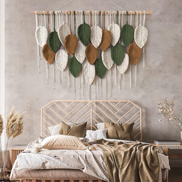 Angel Sar 39 in. x 24 in. White Woven Tapestry, Handmade Leaf