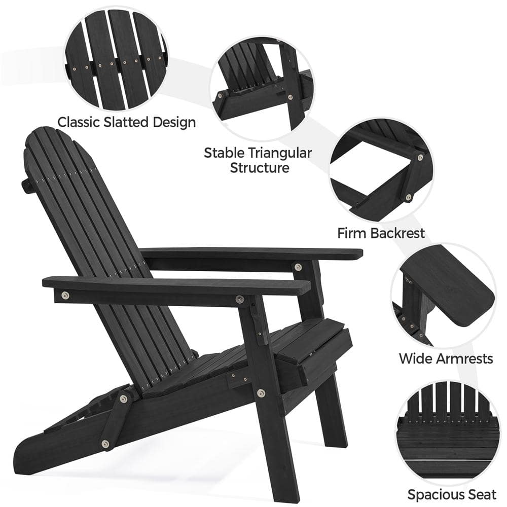Black Solid Wood Folding Adirondack Chair with Arms