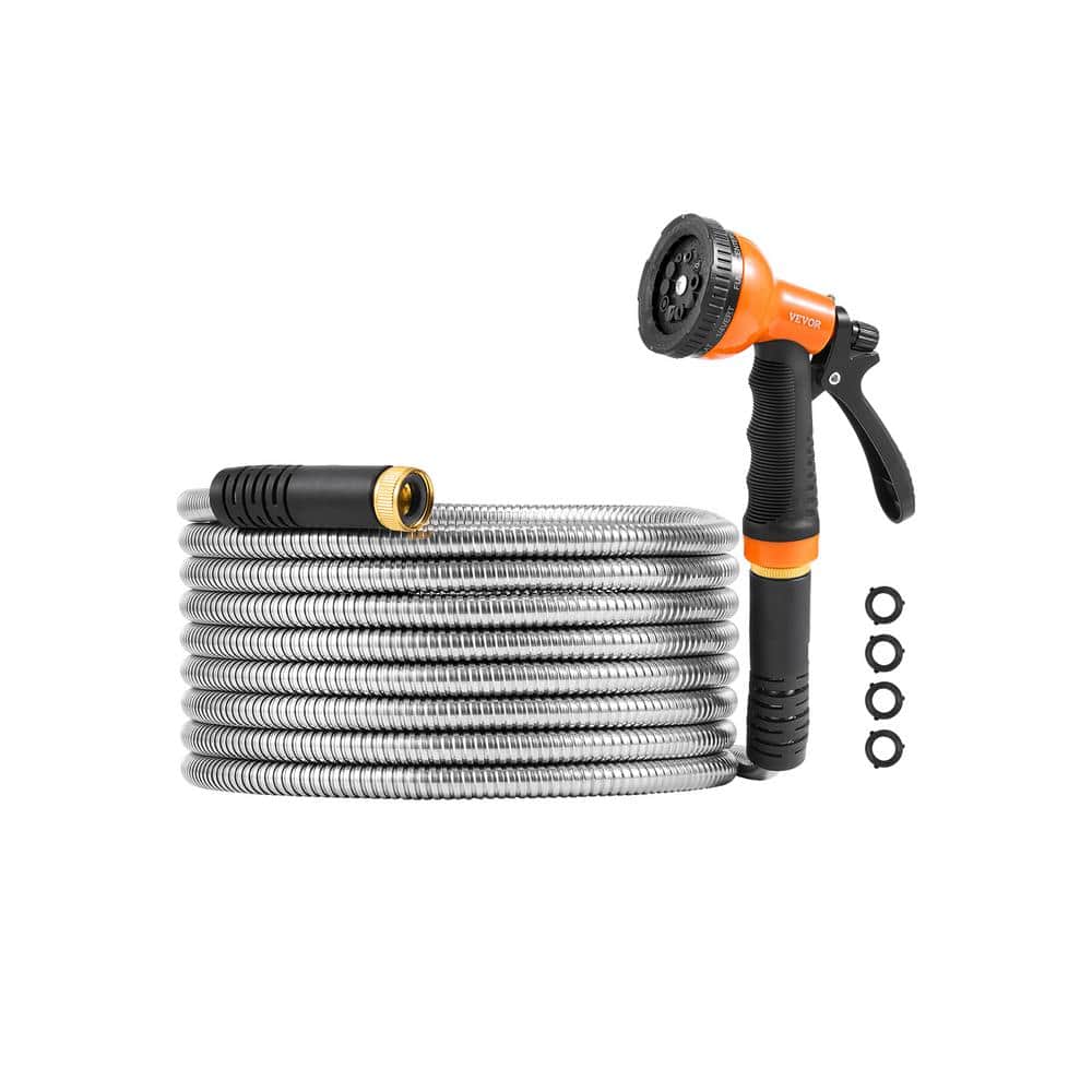 25 ft Stainless Steel Heavy Duty Garden Hose with Adjustable Nozzle