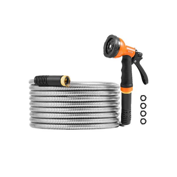 VEVOR Metal Garden Hose 0.38 in. Dia. x 25 ft. Rust Proof Stainless Steel Water Hose, Heavy Duty Hose with 10 Function Nozzle