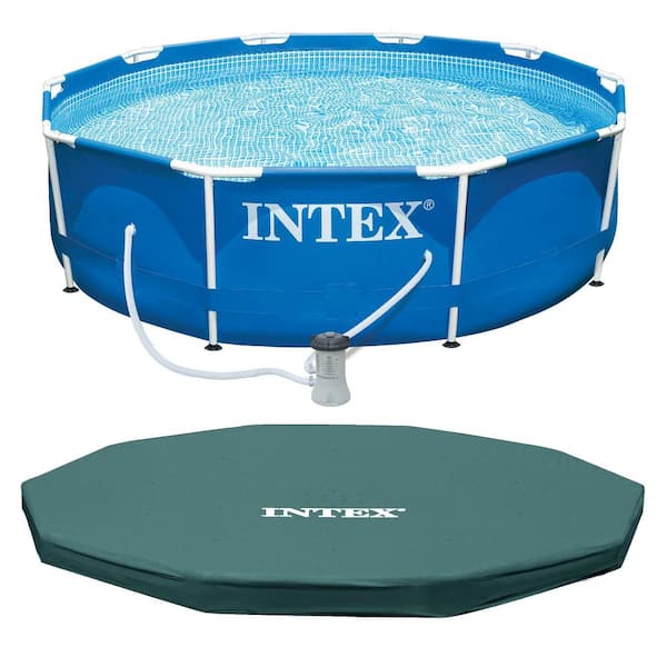 Intex 10 ft. Round 30 in. Deep Metal Frame Above Ground Swimming Pool Set with Filter and Debris Cover