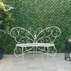 62 in. L Indoor/Outdoor 2-Person Metal Butterfly Shaped Garden Bench, White