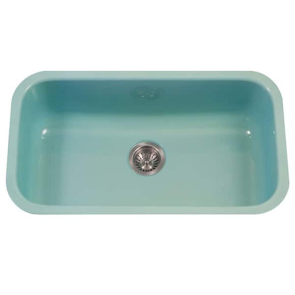 HOUZER Porcela Series Undermount Porcelain Enamel Steel 31 in. Large Single Bowl Kitchen Sink in Mint