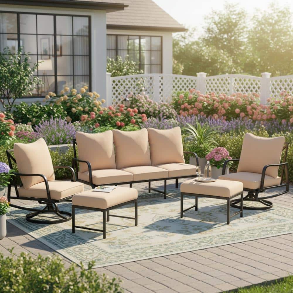 5-Piece Black Metal Outdoor Sectional Set with Khaki Cushions and Swivel Chair for Garden and Patio price history on PriceWatchPro