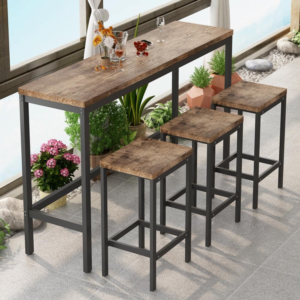 Outdoor Dining Table Set with 3 Stools, for Porch, Patio, Garden, Yard ...