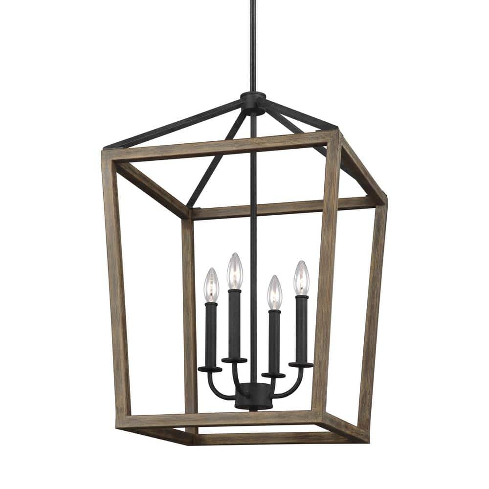 Mini Buford 4-Light Weathered Oak and Forged Iron Candle Chandelier