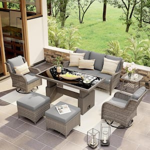 OC Orange Casual 7-Piece Grey Wicker Outdoor Conversation Set with Lift Dining Table, Swivel Patio Chair, Grey Cushions