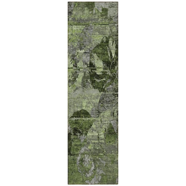 Green, Gray 2 ft. x 8 ft. Woven Abstract Polyester Runner Indoor / Outdoor Area Rug