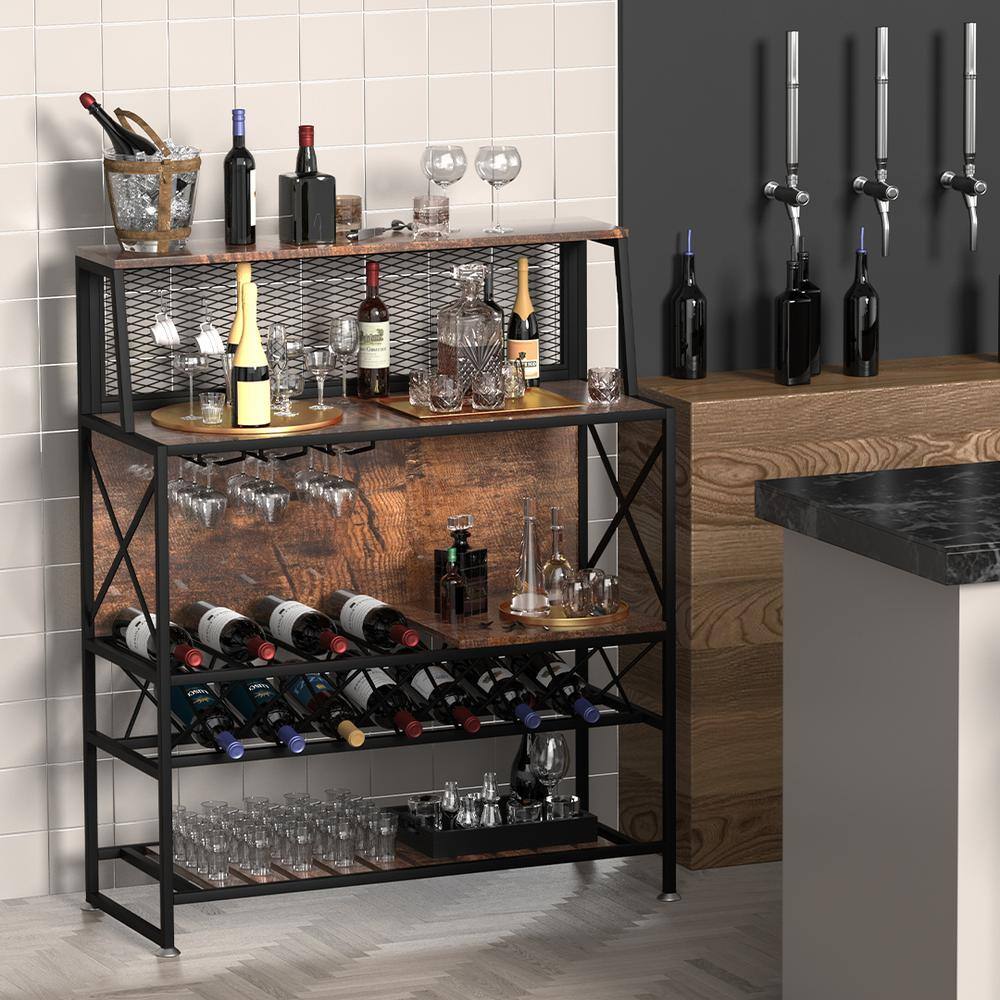 Rustic Brown Industrial Wine Rack Bar Table with Glass Holder