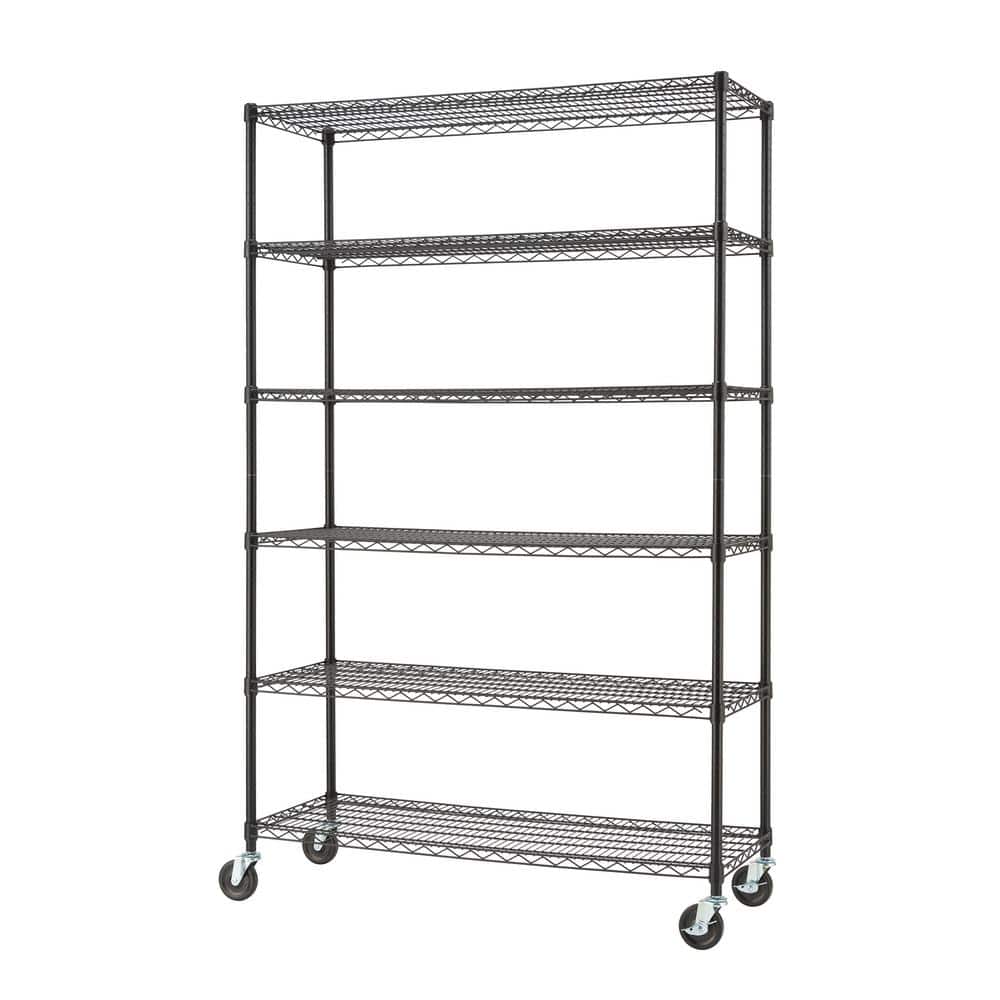 Black 5-Tier Steel Wire Shelving Unit with Wheels, 18"L x 36"W x 76"H