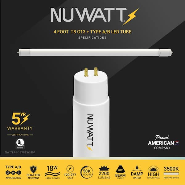 18-Watt 4 ft. Linear T8/T10/T12 Type A plus B LED Tube Light Bulb Ballast Bypass Plug and Play 3500K, 120 to 277-Volt